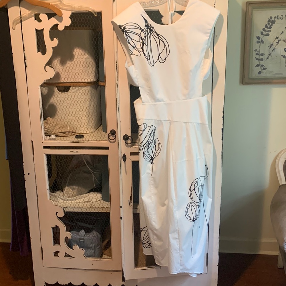 Tibi white poplin cut-out asymmetrical dress, size 10, EUC, $225
